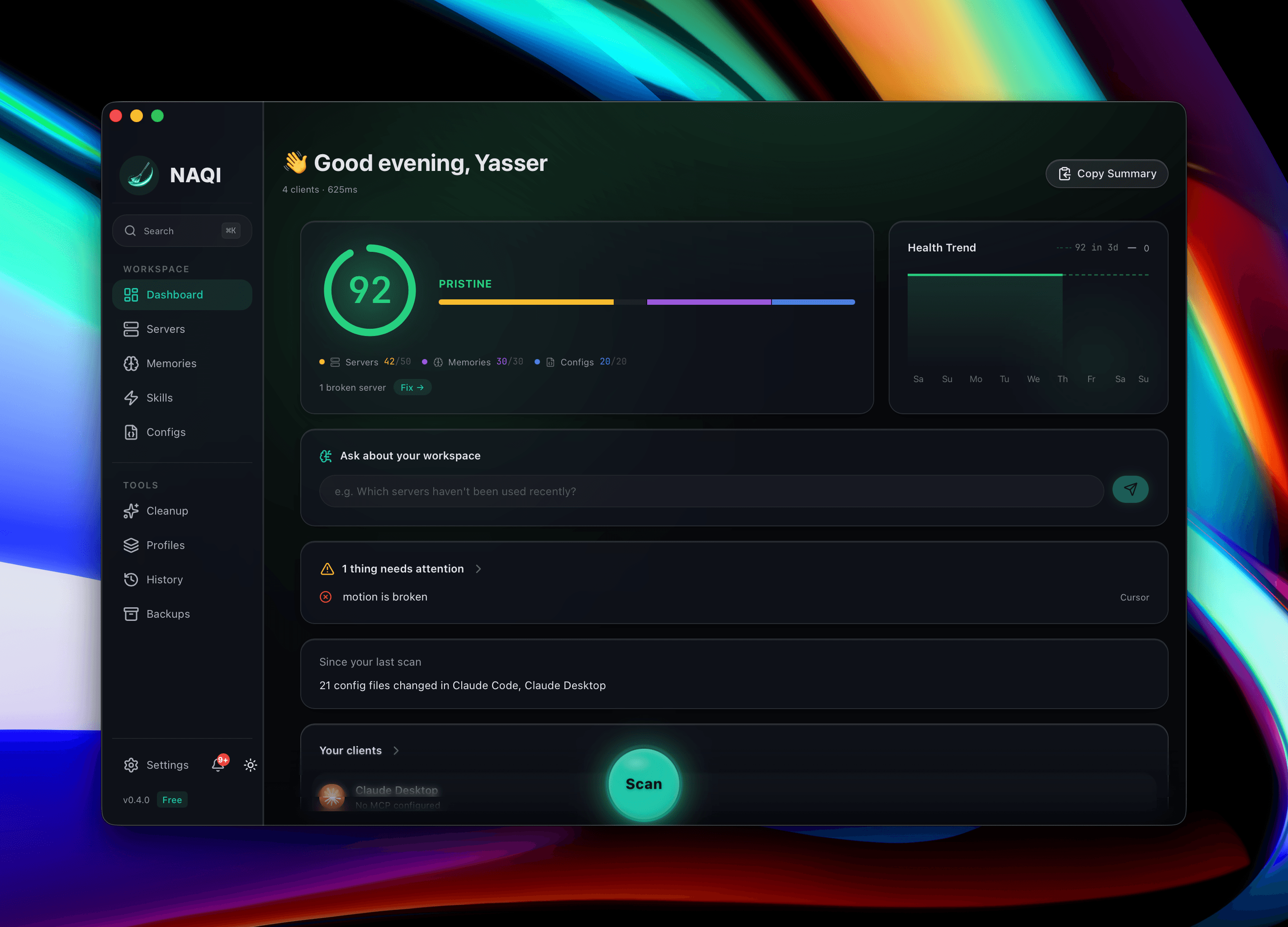 Naqi dashboard — health score 92 PRISTINE