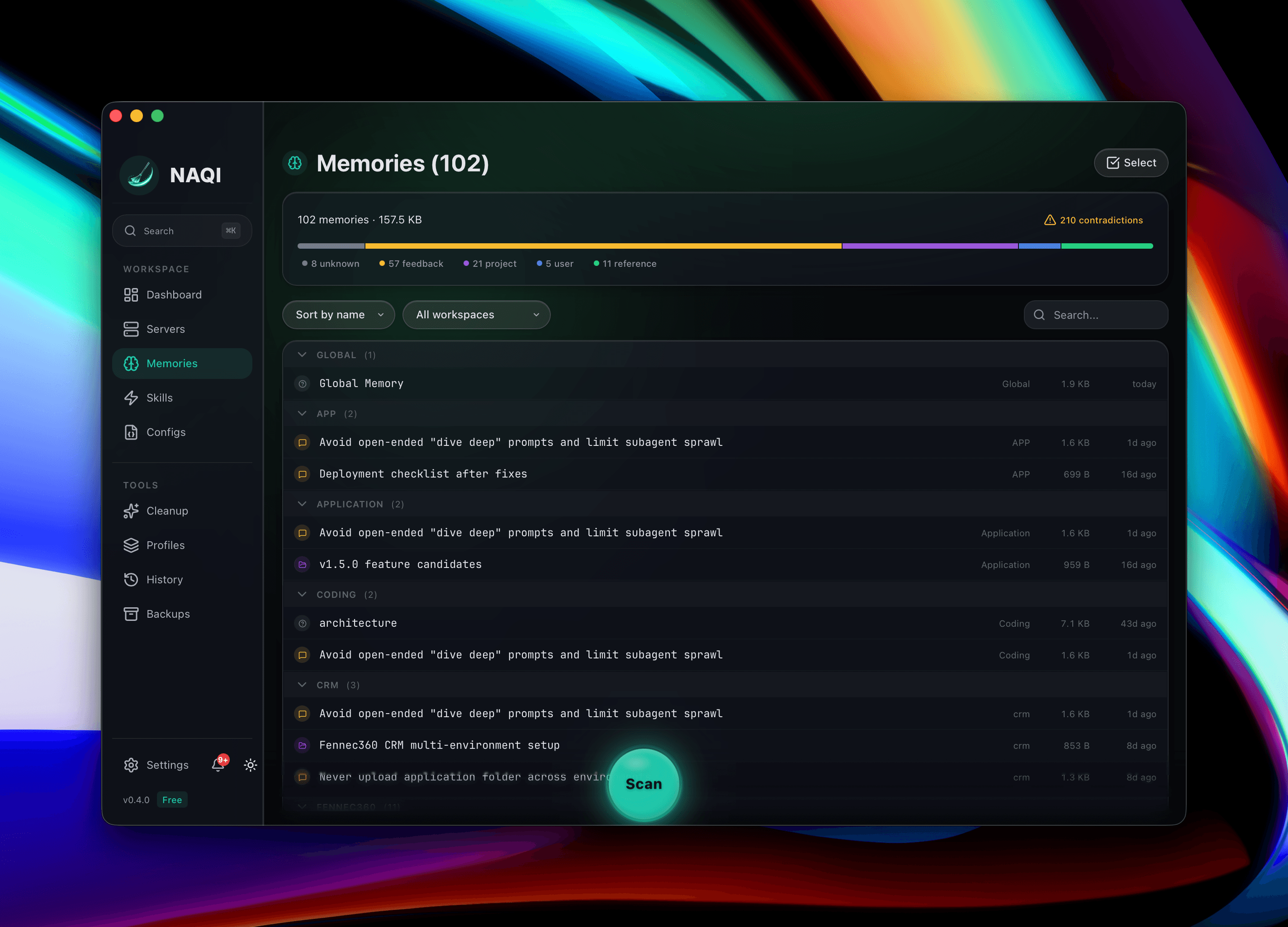 Naqi Memories page showing 102 memories with 210 contradictions detected