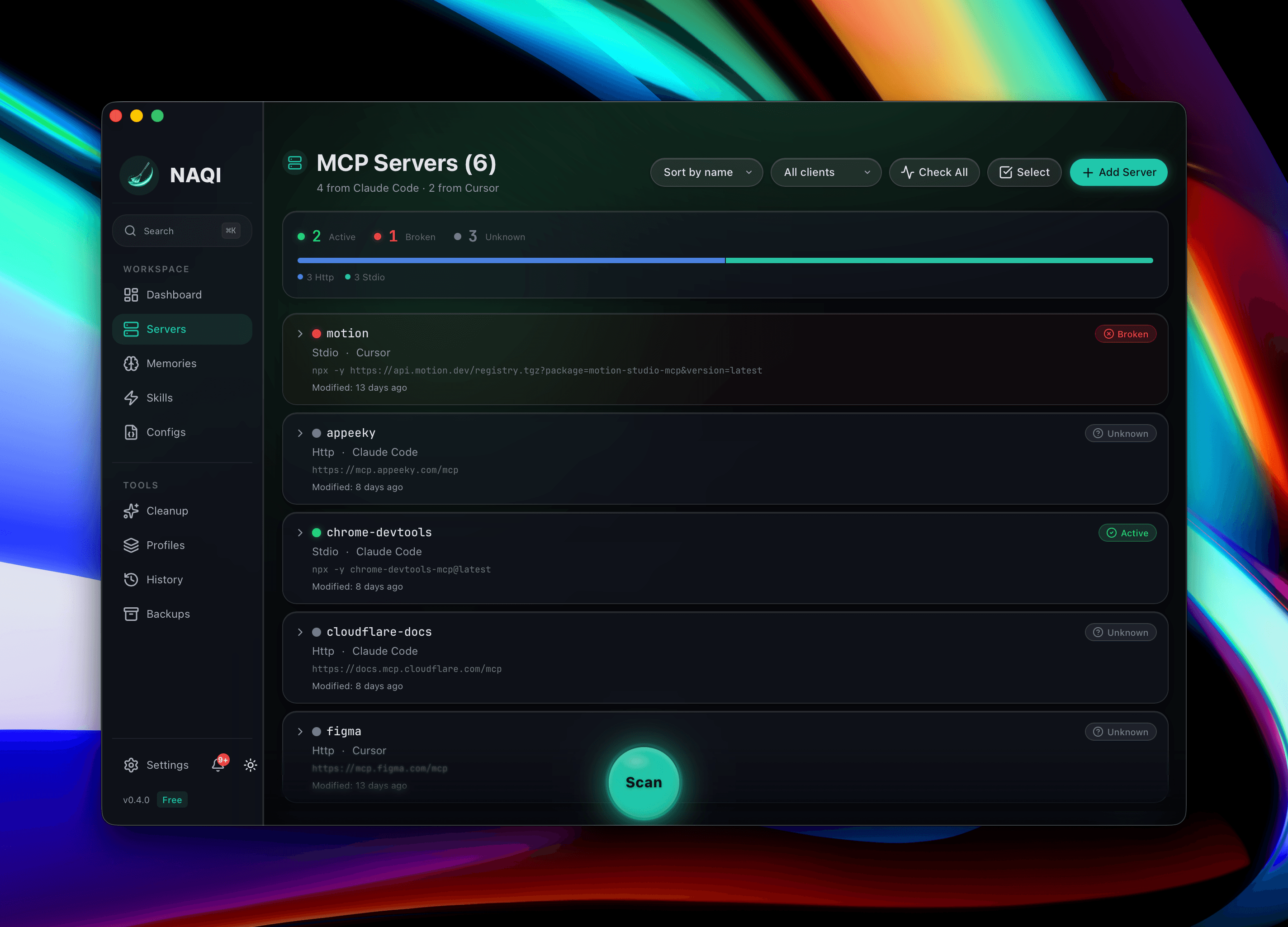 Naqi MCP Servers page showing 6 servers with status indicators